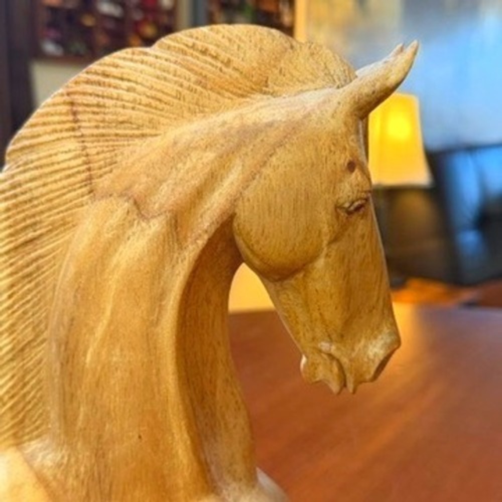 VTG Hand Carved Wood Horse Head Bust Sculpture Natural Grain 12" Equestrian MCM